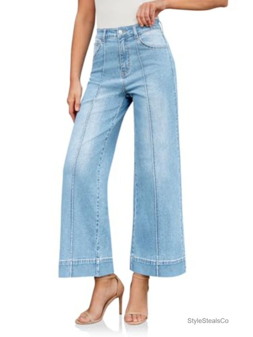 High Waisted Wide Leg Cropped Jeans Stretch Denim Pants